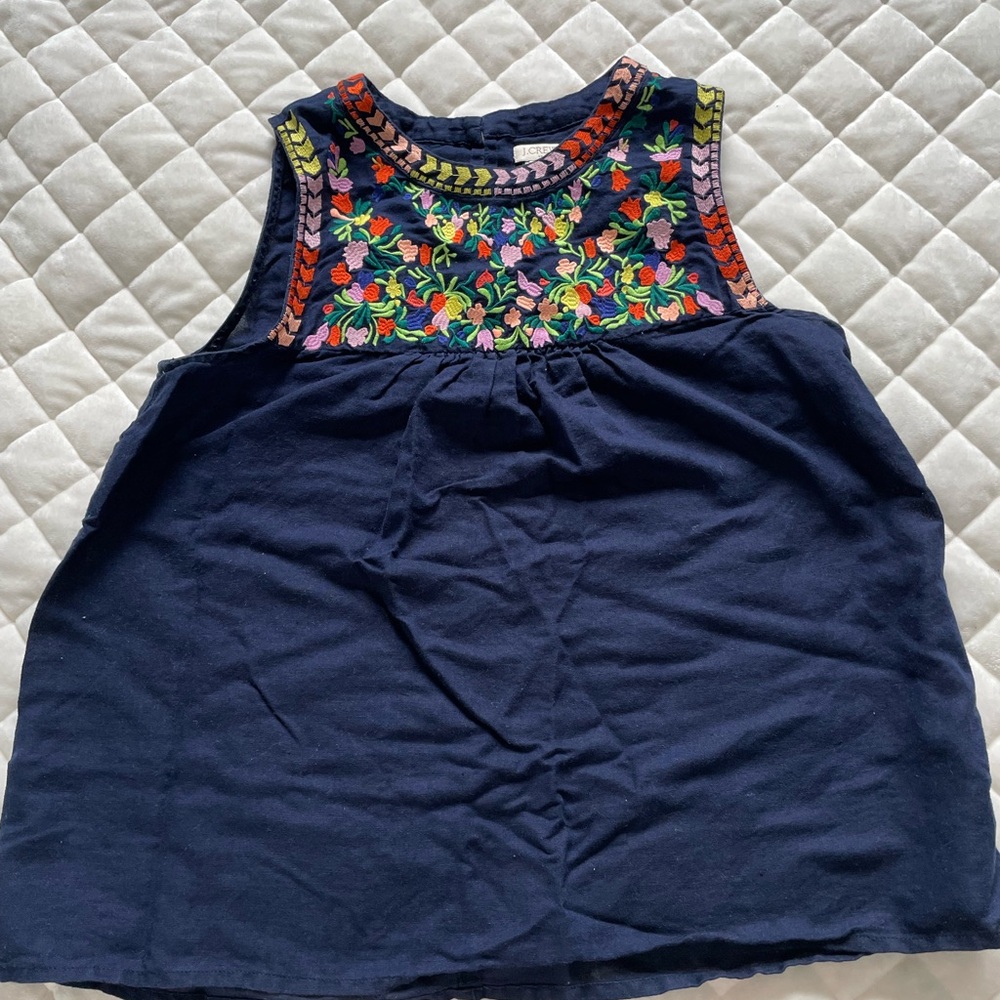 J Crew Navy Blue Top with Colorful Embroidery